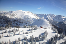 Eine wunderschöne Panoramaaufnahme des Skigebiets. 