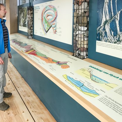 A visitor looking at the big illustrations at the "The fascinating world of rocks" exhibition.  | © Nationalpark Kalkalpen/Iris Egelseer